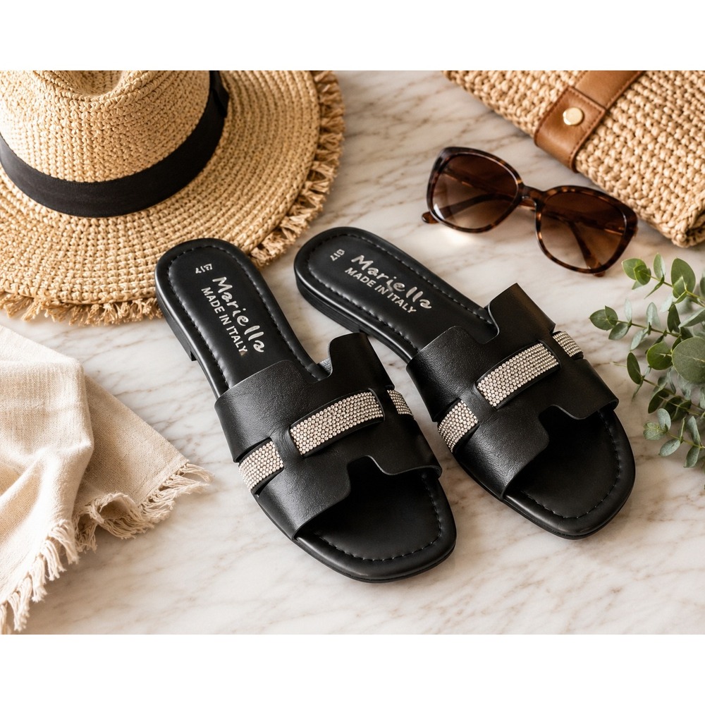 Mariella Italy Black Leather Slide Sandals Womens Size 6.5 7 Rhinestone Slip On